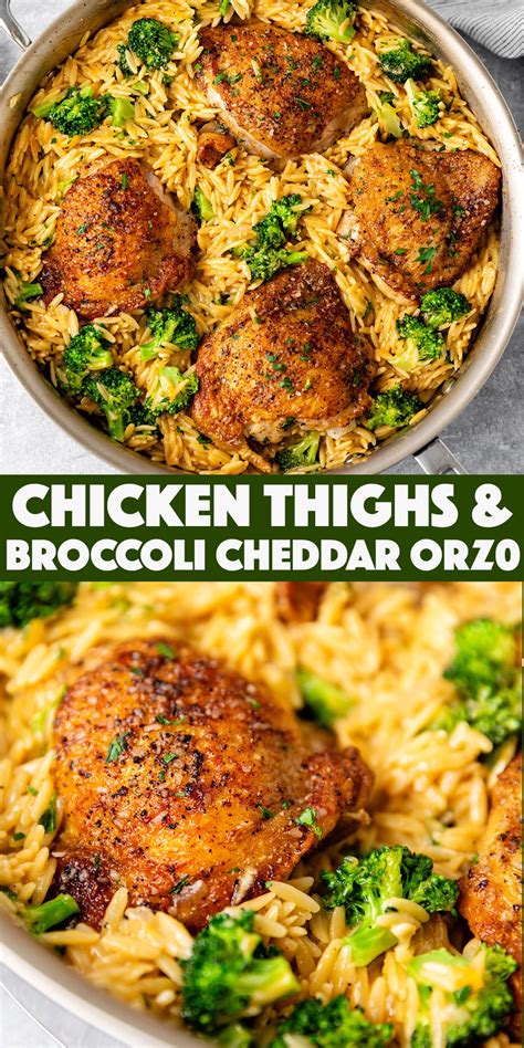 Skillet Chicken Thighs with Broccoli Cheddar Orzo - juicy golden brown ...