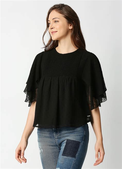 Tanja Chiffon Dobby Top With Aop Foil Print And Flutter Sleeves | Pepe ...