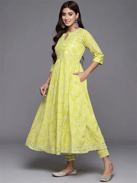 Buy Green Yoke Design Cotton Anarkali Kurta With Trousers & Dupatta ...
