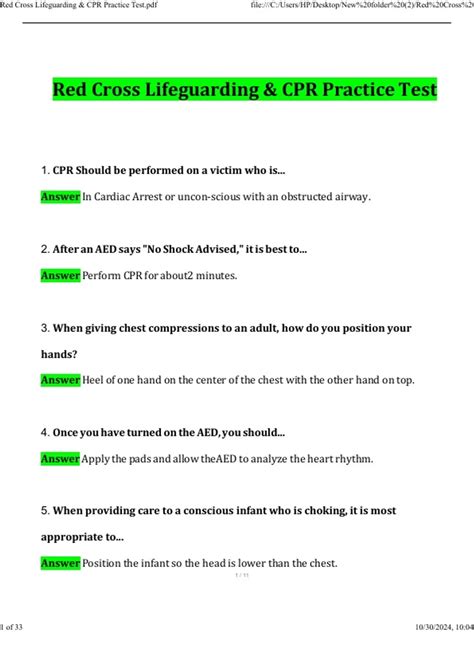 Red Cross Lifeguarding & CPR Practice Test Newest 2024 Questions and ...