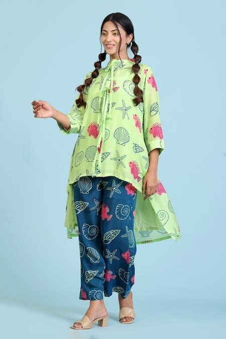 Buy Green Cotton, Silk Embroidery High Neck Sea Print Low Top Pant Set ...