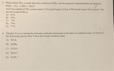 [Solved] Q3 and Q4 please!. 3. Nitric oxide, NO, is made from the ...