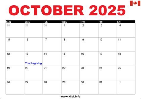 October 2025 Calendar Canada with Holidays - Hipi.info