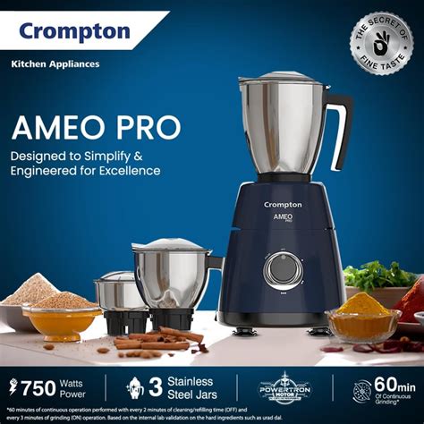 Crompton Ameo PRO 750-Watt 3 Jars Mixer Grinder with MaxiGrind and ...