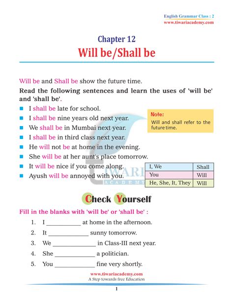 Class 2 English Grammar Chapter 12 Use of Will be and Shall be in PDF.