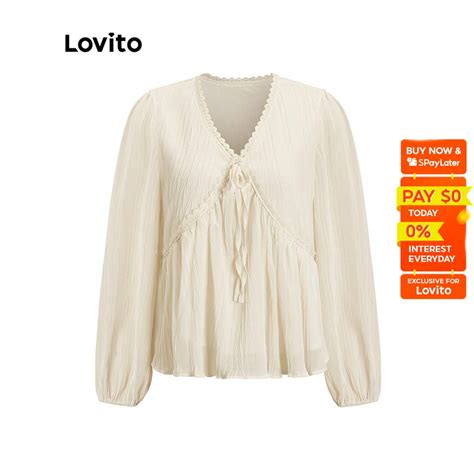 Lovito Elegant Plain Lace Frill V-Neck Long Sleeves Blouses for Women ...