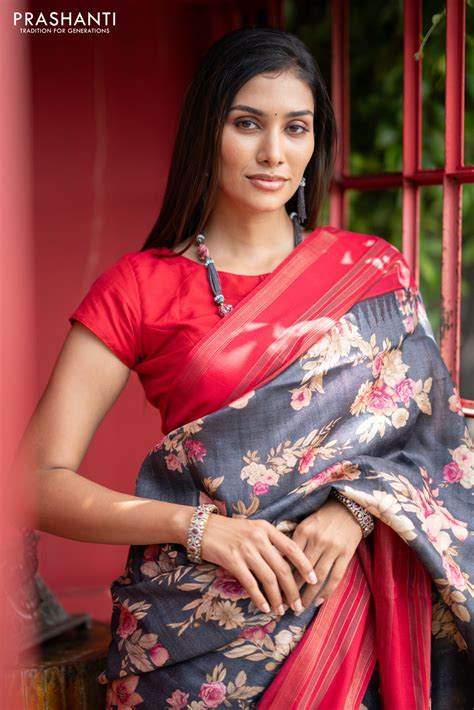 Pure tussar silk saree elephant grey and red with allover floral digit ...