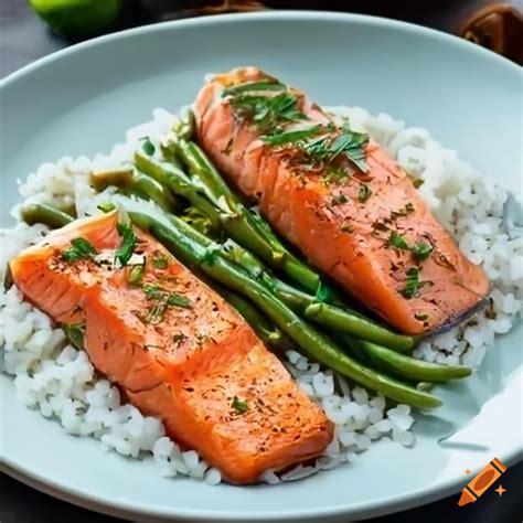 Salmon dinner with rice and green beans on Craiyon
