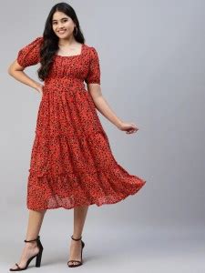 PLUSS Women Fit and Flare Red, Black Dress - Buy PLUSS Women Fit and ...