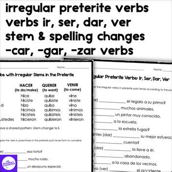 Preterite Past Tense Irregular Verbs Conjugation Practice for Spanish 1 ...