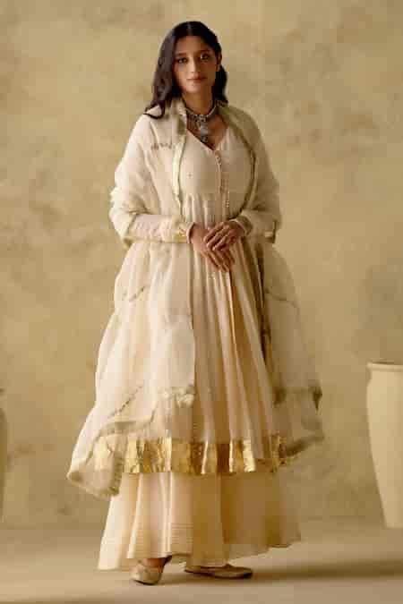 Buy Ivory Anarkali And Sharara Chanderi Silk Lined With Mul Cotton ...