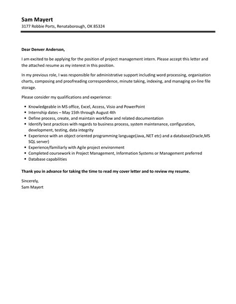 Project Management Intern Cover Letter | Velvet Jobs