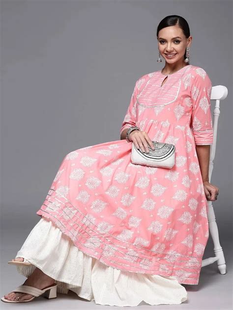 Buy Pink Printed Cotton Anarkali Kurta Online at Rs.499 | Libas