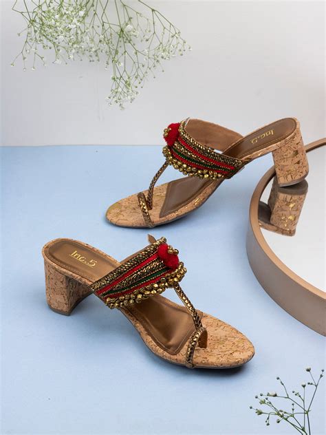 Buy Now Womens Maroon Embellished Open Toe Ethnic Block Heel Sandals