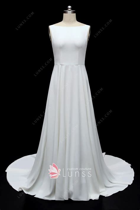Ivory Soft Satin Boat Neckline Simple A-line Bridal Dress - Lunss