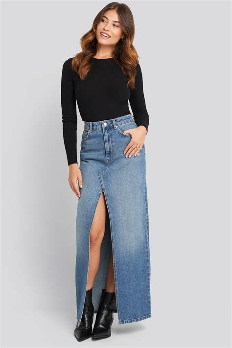 Front Split Maxi Denim Skirt Blue | NA-KD
