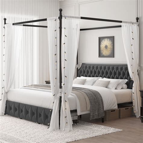 Homfa King Size Bed Frame with Removable Canopy, 3-Drawer Storage ...