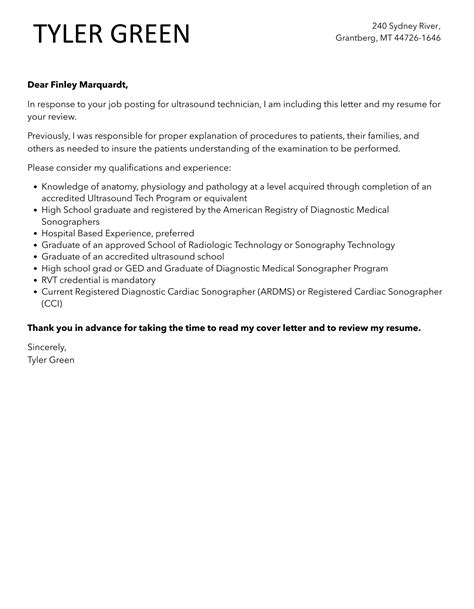 Ultrasound Technician Cover Letter | Velvet Jobs