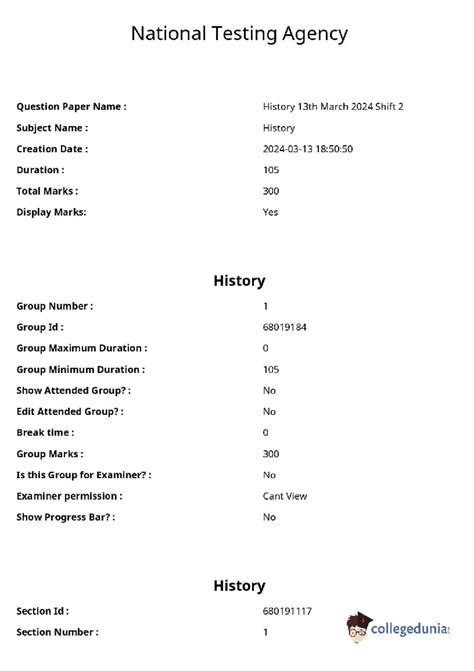 History Question Paper NTA 13th March 2024 Shift 2 - Studocu
