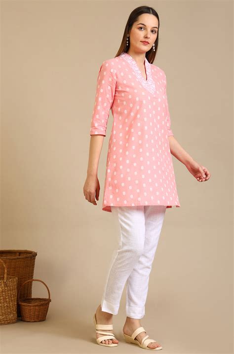 Buy Pink Thread Embroidered Cotton Blend Straight Kurti Online for ...
