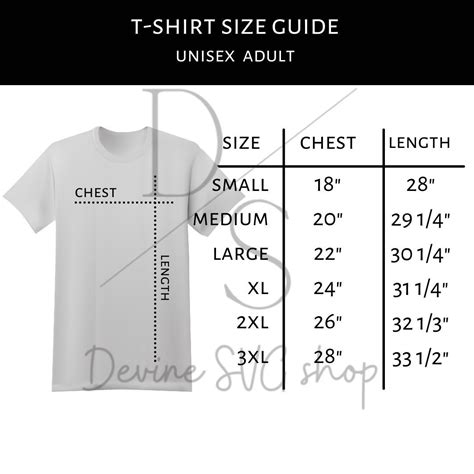 Adult Unisex Tshirt Size Chart, Flat Lay Size Chart, USA Shirt Size Guide, Gildan Guide, Bella ...