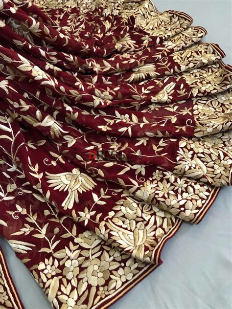 Pre Order Maroon Parsi Gara Hand Embroidered Saree – Dress365days