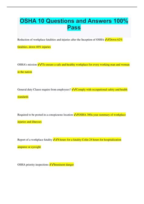 OSHA 10 Questions and Answers 100% Pass - OSHA 10 hour recertification ...