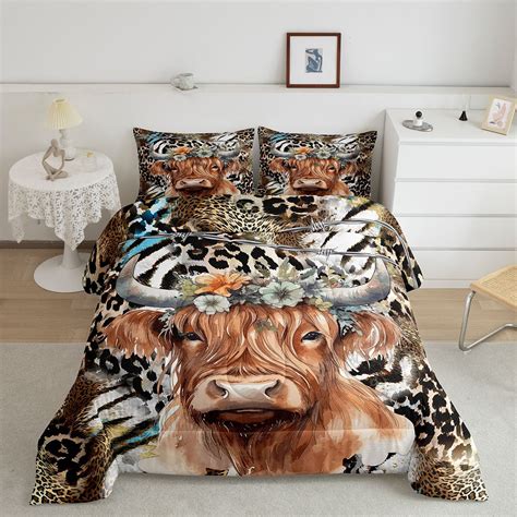 Highland Cow Queen Comforter Set Cowhide Leopard Print Bedding Set ...