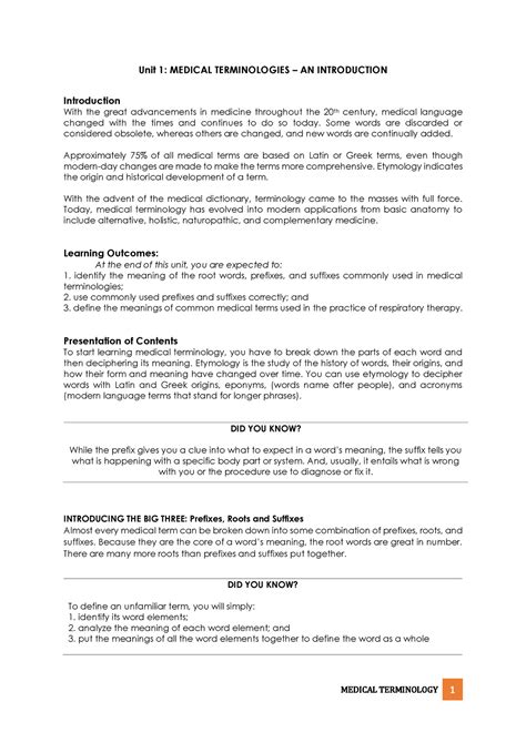 Medical Terminology - An Introduction - Unit 1: MEDICAL TERMINOLOGIES ...