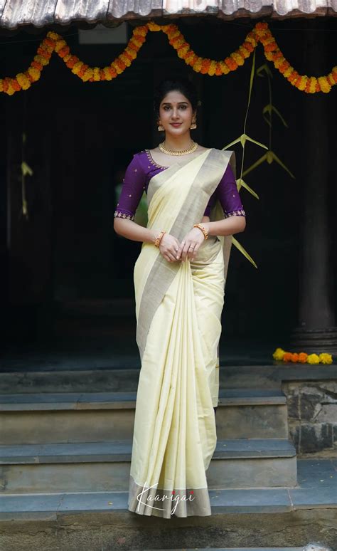Omana Cotton Saree - cream White and Purple – Ivalinmabia