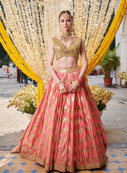 Coral Hand Embroidered Chevron Lehenga Set – abhinavmishra