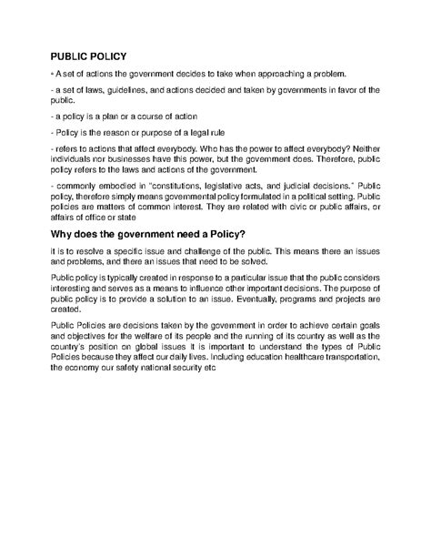 Public Policy Definition - PUBLIC POLICY A set of actions the government decides to take when ...