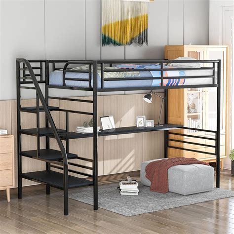 Buy Metal Loft Bed with Desk Twin Loft Beds with Storage Shelves ...