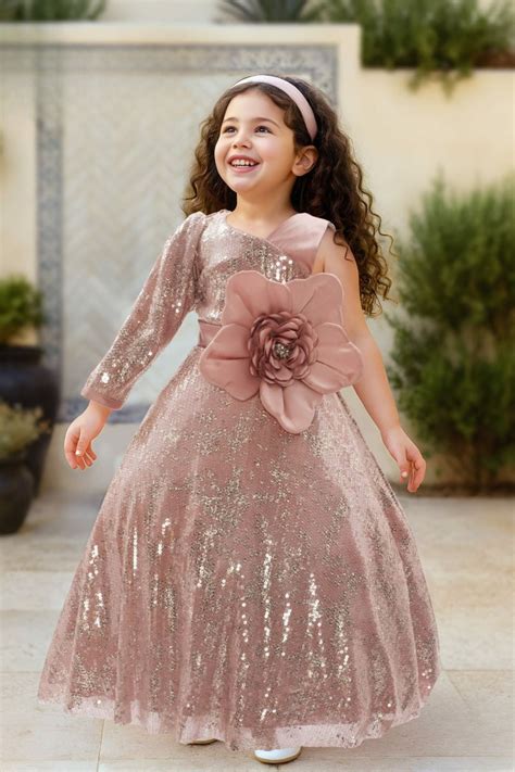 Peach Sequin Party Frock with Oversized Floral Bow For Girls – Lagorii Kids