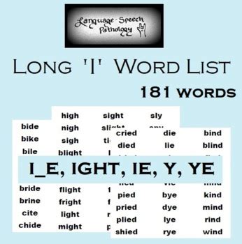Long 'I' Single Syllable Word List by Language-Speech Pathology | TpT