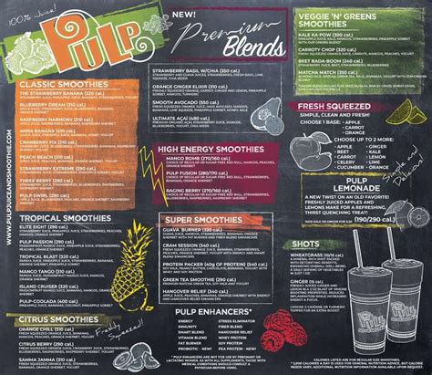 Menu at Pulp Juice and Smoothie Bar, Lorain
