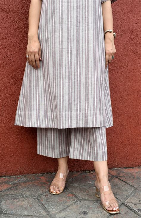 Light brown striped co-ord set with A line kurta and pajama in handwov ...