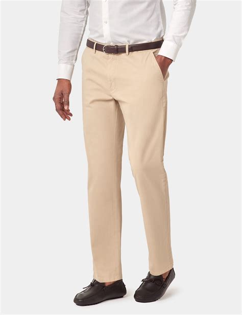 Men's Beige Garment Dyed Cotton Stretch Chinos | Hawes and Curtis