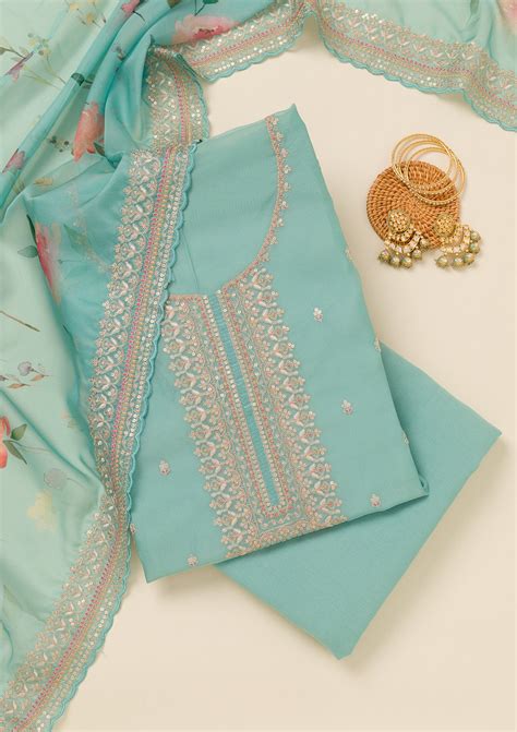 Buy Sky Blue Zariwork Soft Silk Unstitched Salwar Suit - Koskii