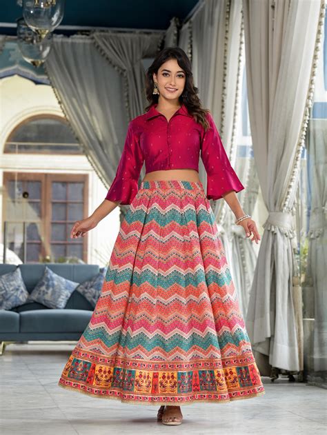 Multi Ethnic Motif Printed Cotton Crop Top And Skirt With Lace & Butto