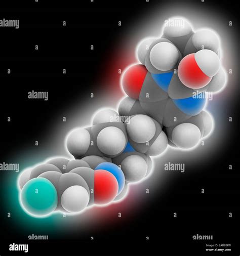 Paliperidone. Molecular model of the drug paliperidone (C23.H27.F.N4.O3). This dopamine and 5 ...