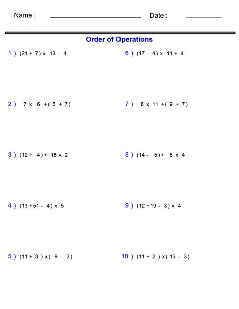 Order of Operations Without Division Worksheets - Basic with ...