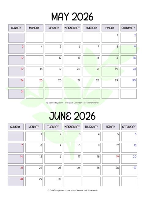 May June 2026 Calendar Printable PDF - 2 Month Calendar