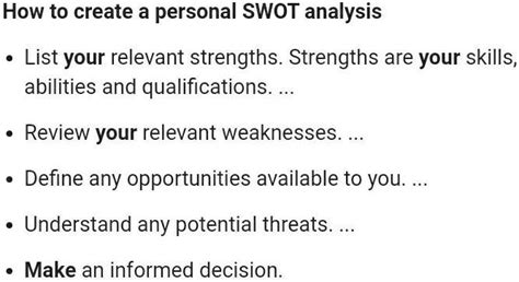 Make your own personal SWOT ANALYSIS regarding in your career path or ...