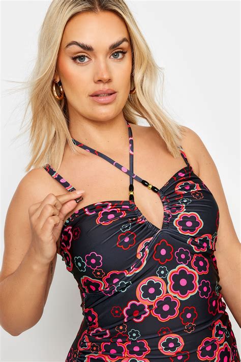 YOURS Plus Size Black & Pink Floral Halter Neck Swimsuit | Yours Clothing