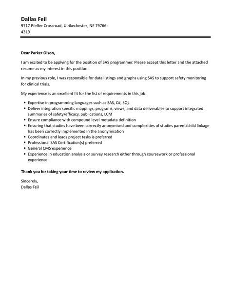 SAS Programmer Cover Letter | Velvet Jobs