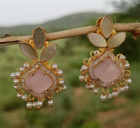 Buy Rose Quartz Dangle Earrings, 18k Gold Plated, Bezel Set Online in ...