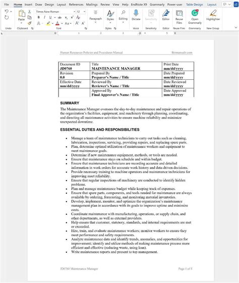 What are the Responsibilities of Maintenance Manager?