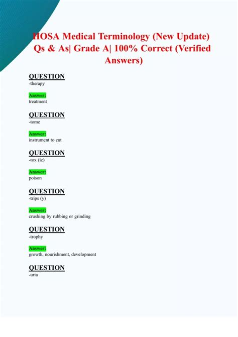 Hosa Medical Terminology (NEW 2025/ 2026 Update) | Qs & As| Grade A ...