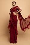 Buy Maroon Organza, Net, Georgette Beads, Cut Dahlia Pre-draped Ruffled ...